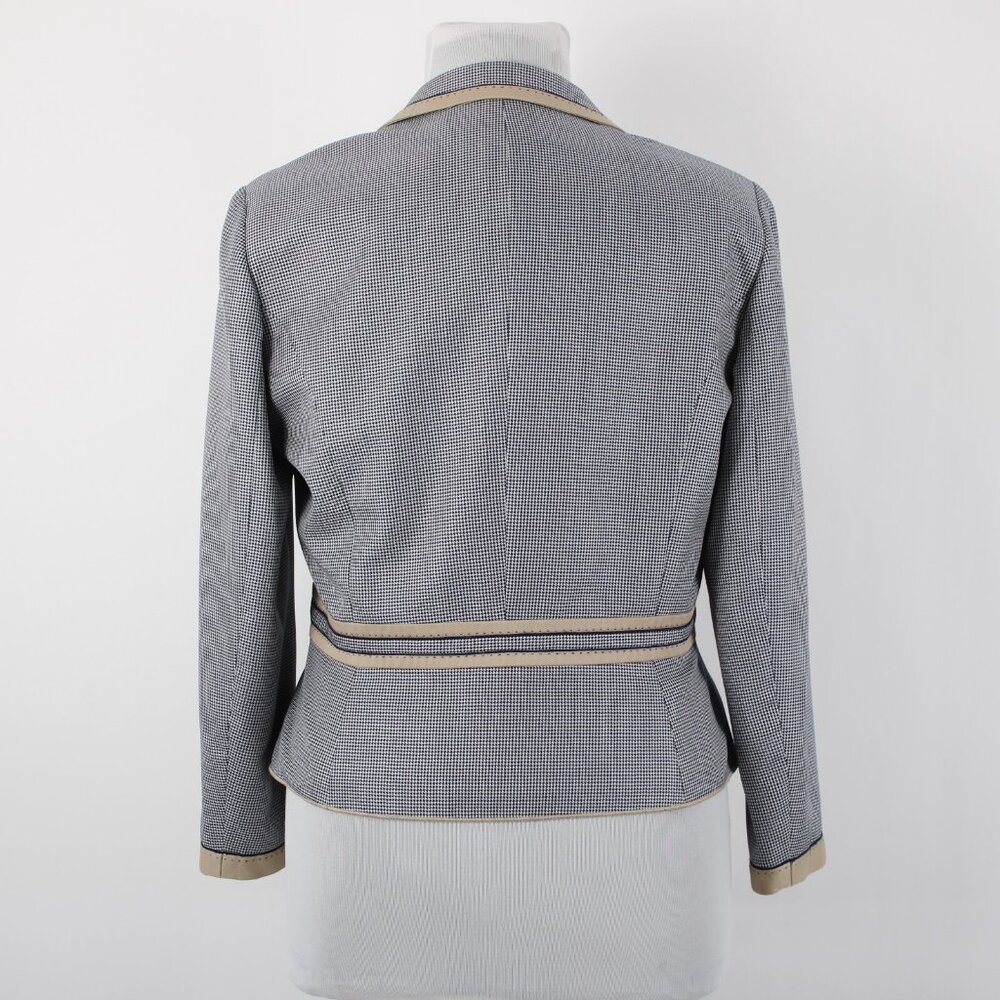 Carlisle Sz 16 Navy Blue White Brown Faux Pockets Lined Silk Wool Cotton Jacket - Picture 7 of 12